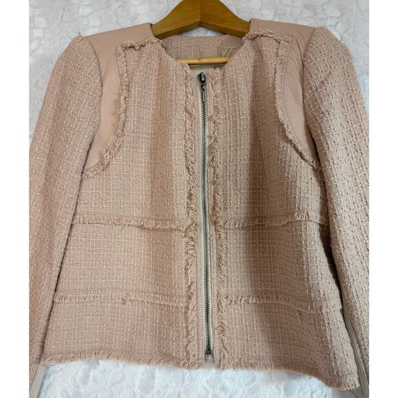 Rebecca Taylor Tweed Boucle Wool Lamb Leather Blazer Jacket Pink Tan Size 8 - Picture 9 of 13